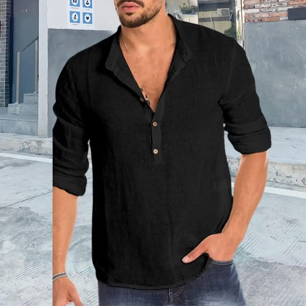 

Solid Color Shirt Stylish Men's Fall Shirt Soft Comfortable Stand Collar Long Sleeves Casual Loose Fit Mid-length Top for A