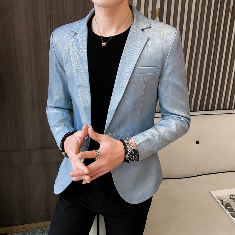 

2022 New Shiny Striped Men Blazer Jacket Nightclub Stage Slim Fit Male Groom Dress Wedding Single Breasted Suit Coat