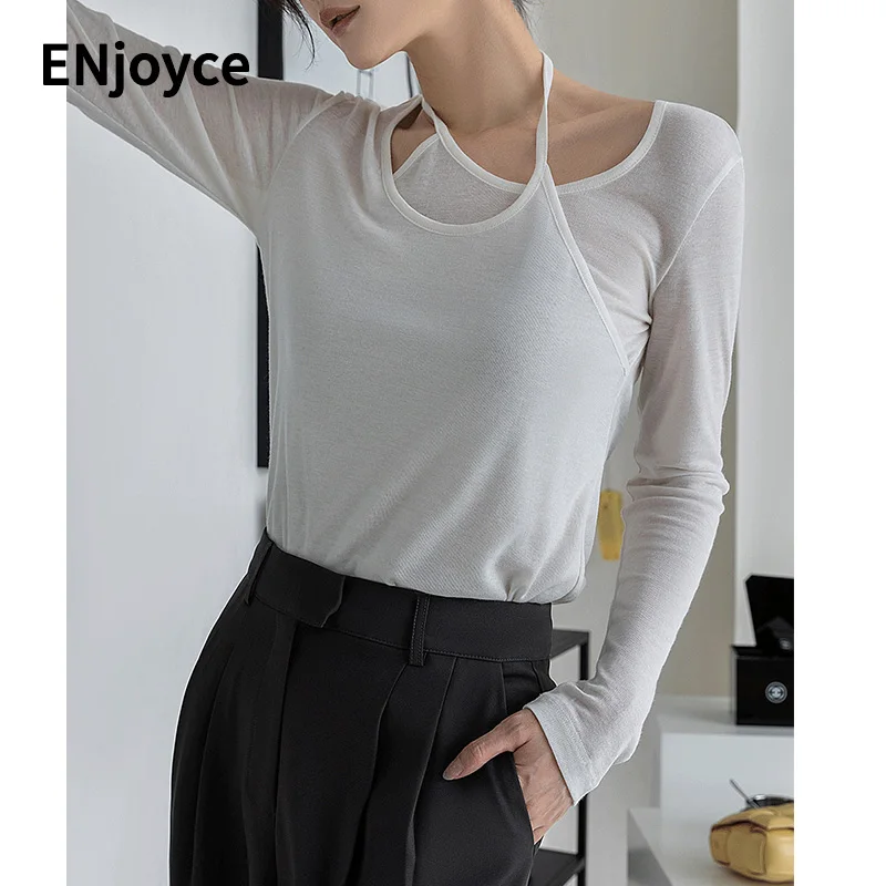 

Simple Style Irregular Halter Round Neck Long Sleeve T-shirt Women Tee Shirt Casual Slim Pullover Tshirt Cropped Tops Fall
