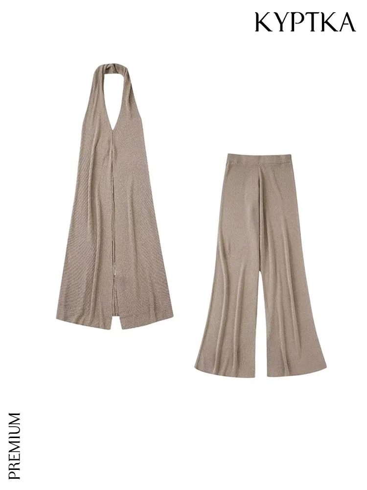 

Женский трикотажный свитер KYPTKA, черный свитер с воротником хомутиком и широкие брюки с высокой эластичной талией на лето 2019