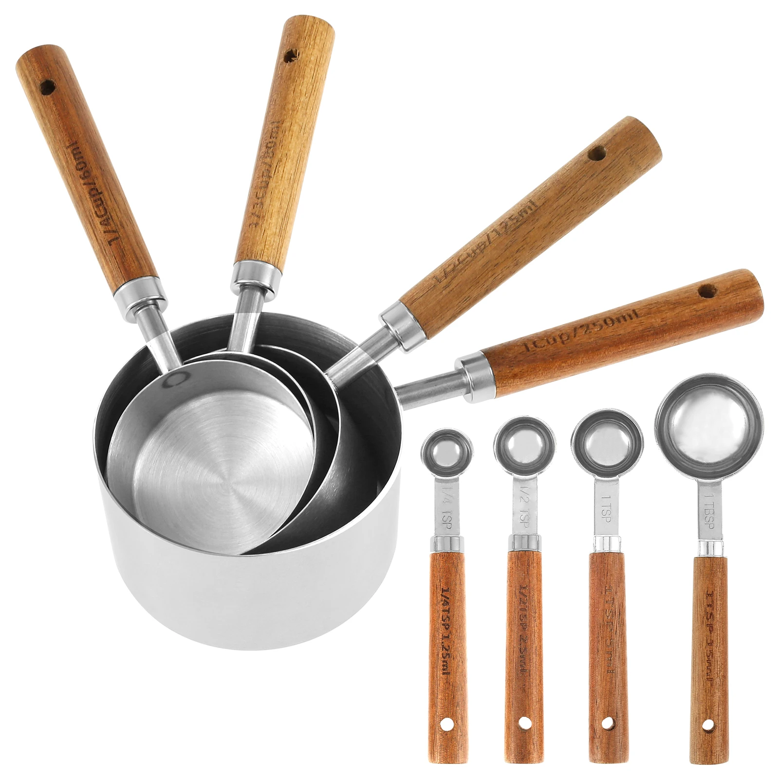 

8Pcs Measuring Cup and Spoon Set Stainless Steel Cup Measurement Set with Wooden Handle Portable Measuring Spoons Set Reusable