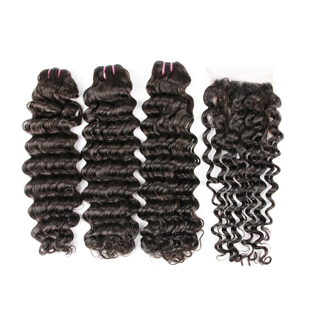 FANCY Deep Wave Human Hair Bundles with Closure Brazilian Hair Weave Bundles with 4X4 Lace Frontal Closure Remy Hair Extension