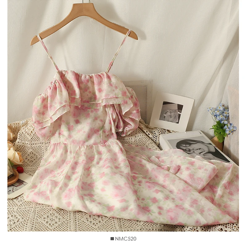 

French Sweet Ruffle Spaghetti Strap Dress Women Summer Gentle Beach Floral Boho Long Dress Women's Clothing