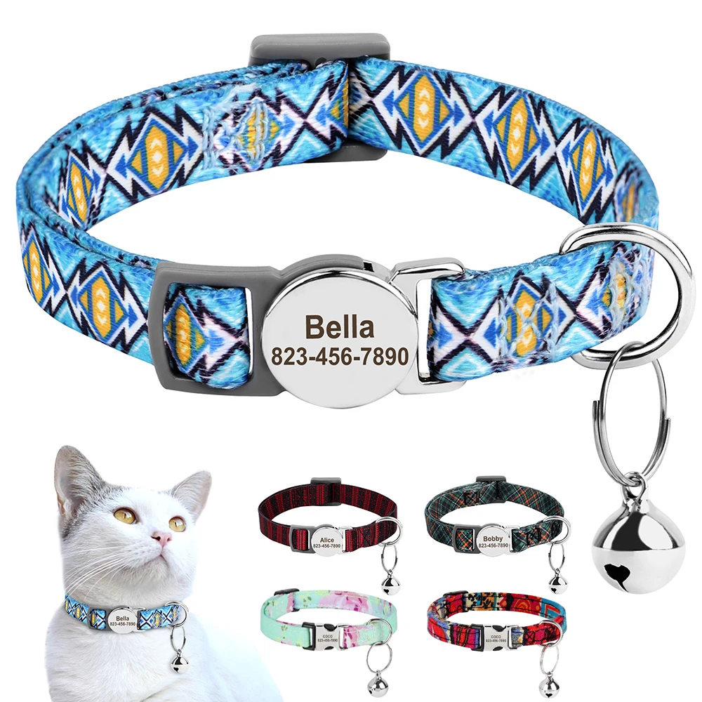 Personalized Printed Cat Collar Adjustable Kitten Puppy Collars With Free Engraved ID Nameplate Bell Anti-lost Cats Collars