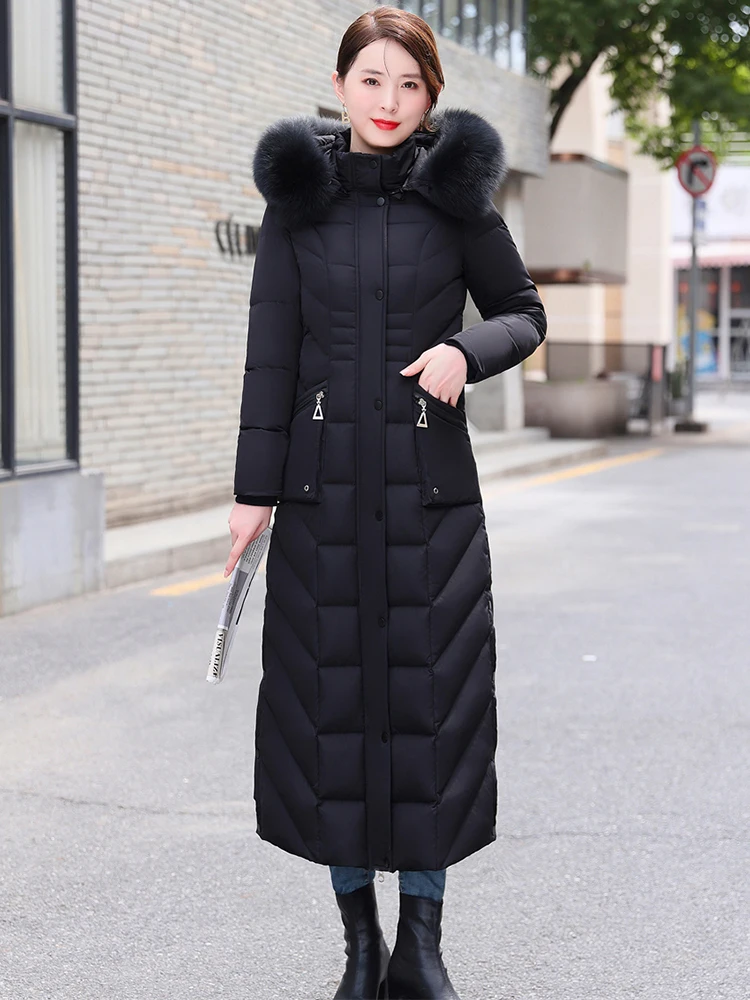 New Women Down Coat Winter Fashion Detachable Hooded Real Fox Fur Collar Thicken Warm Lengthened Down Jacket Slim Overcoat