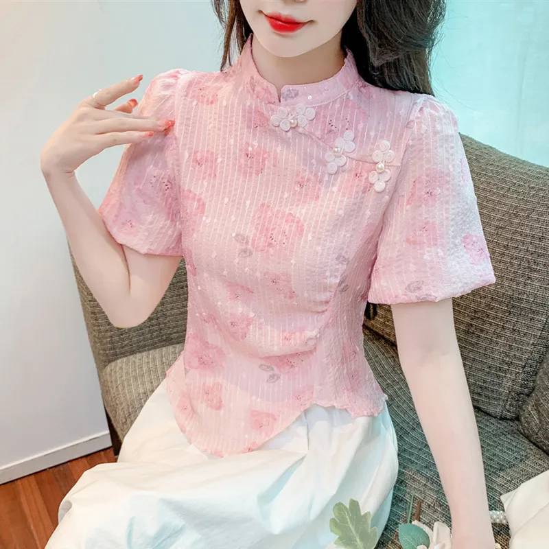 

Модные корейские блузки с цветами, женская летняя розовая Милая приталенная одежда, женские топы с воротником-стойкой, винтажные кружевные рубашки для женщин