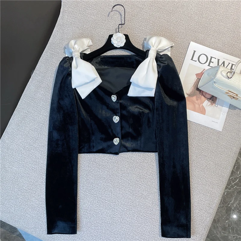 

PREPOMP 2022 Весна новое поступление длинный рукав бант Лоскутные Стразы пуговицы короткая бархатная рубашка для женщин сексуальный тонкий Топ ...