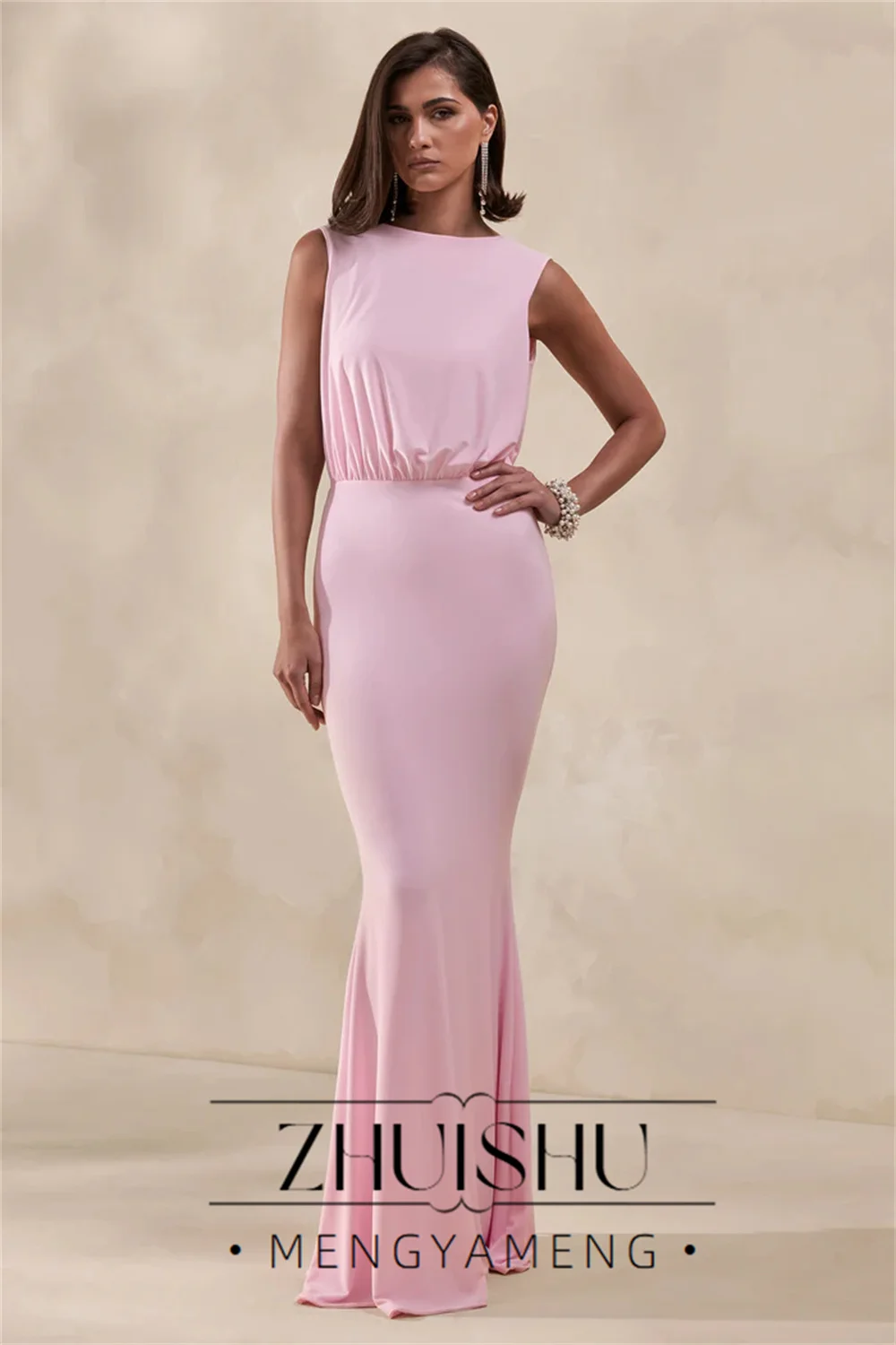 Фото Вечернее платье ZHUISHU Classic Pink Mermaid Bow для женщин, 2026, без рукавов, с кружевными складками, круглым вырезом, для вечеринок, на заказ №3