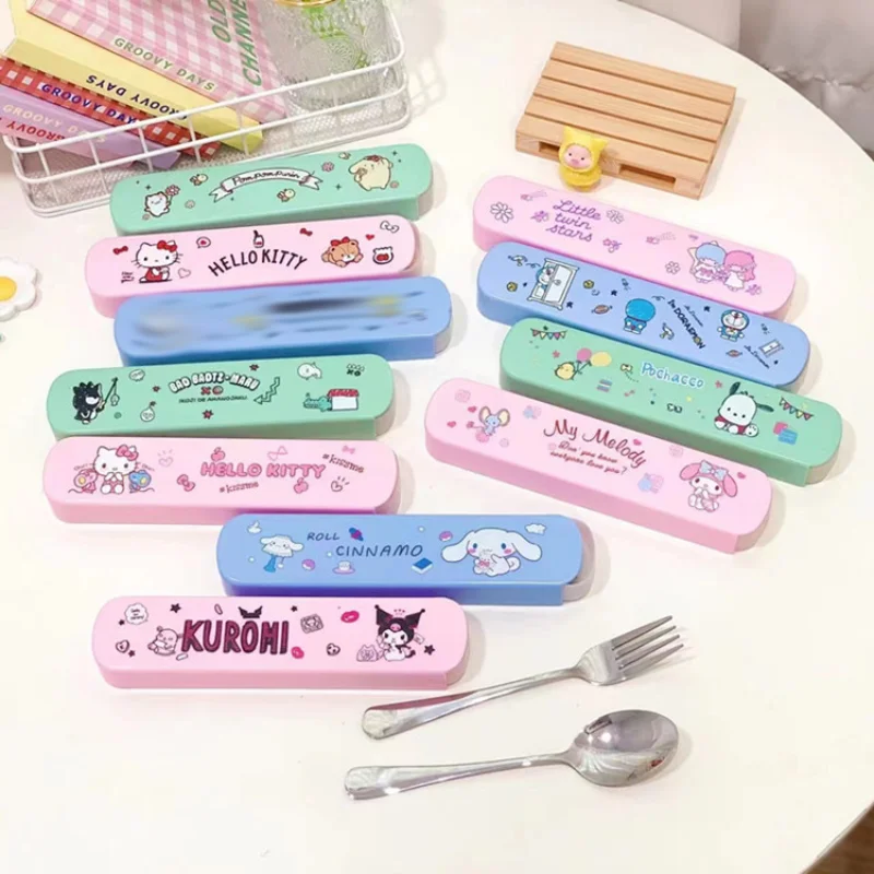 

Sanrio MyMelody Cinnamoroll Kuromi HelloKitty Tableware Set Portable Cutlery Stainless Steel Fork Spoon Travel Flatware with Box