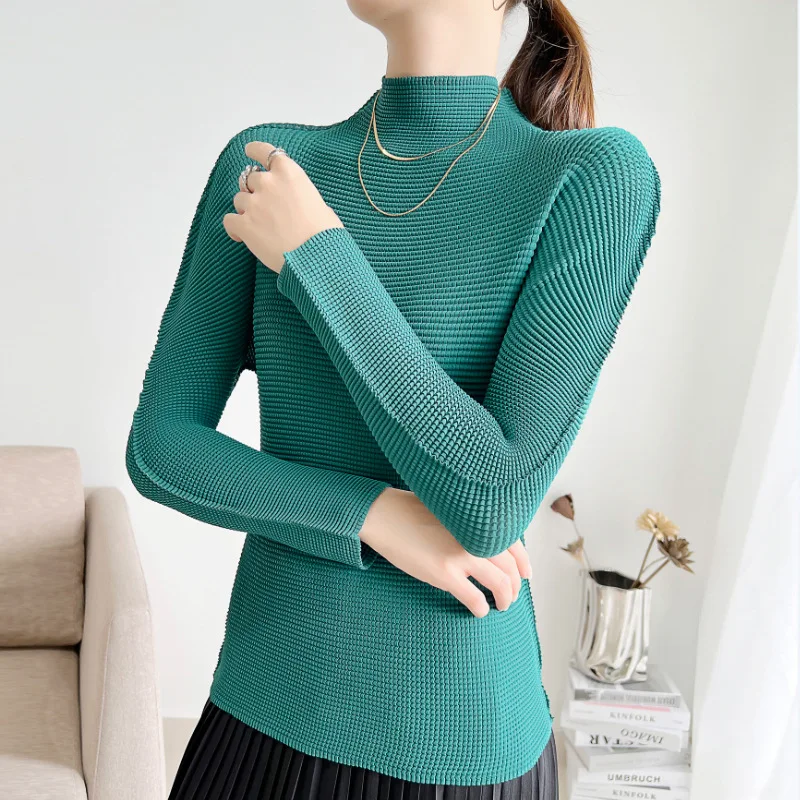 

Женский плиссированный топ Miyake, элегантная однотонная облегающая футболка с высоким воротником и длинным рукавом, 2022