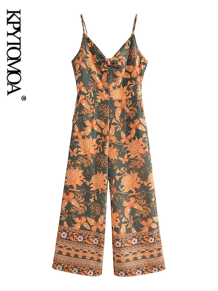 

KPYTOMOA Women Fashion With Tied Bow Floral Print Jumpsuits Vintage Backless Thin Straps Side Zipper Female Playsuits Mujer
