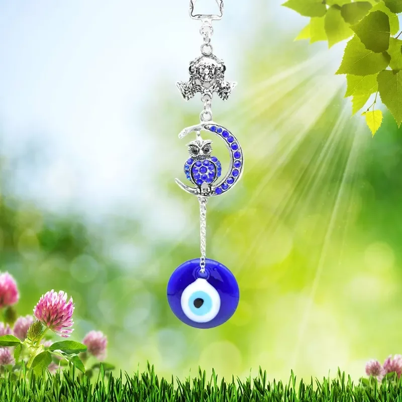 

Turkish Blue Evil Eye Amulets Moon Owl Wall Protection Hanging Lucky Pendant Wind Chimes Garden Home Decorations Ornament Gift