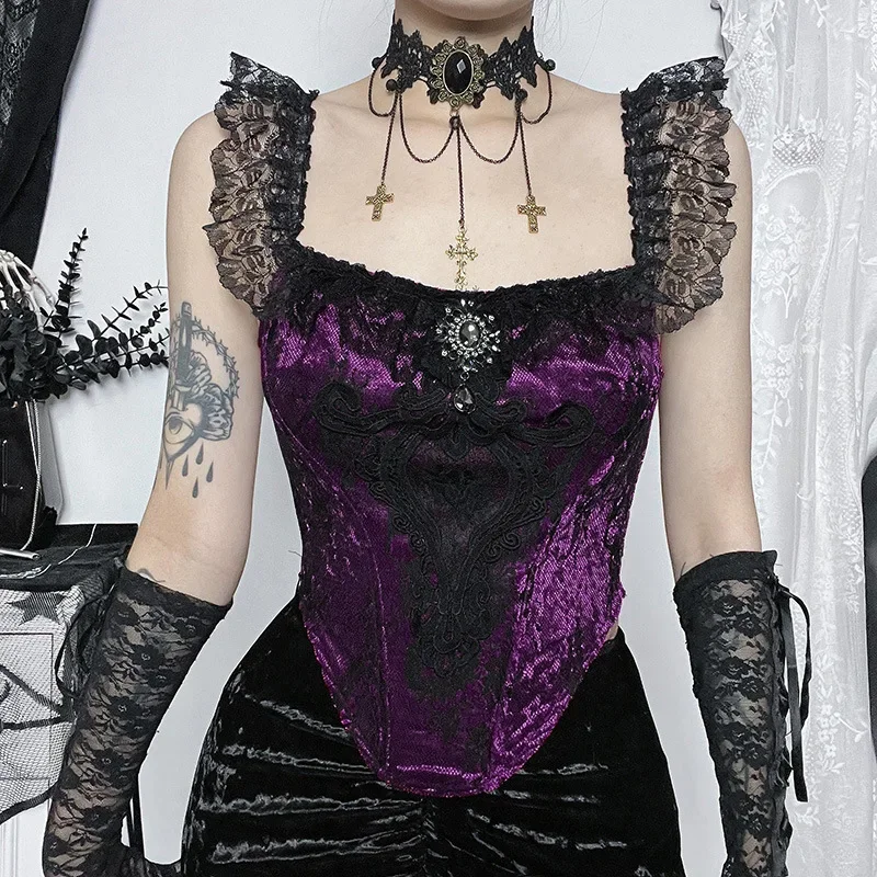 Фото IMU Crop Renda Gotik, Pakaian Punggung Terbuka Ruffle Atasan Pendek Seksi Motif Grafis Goth Hitam Mall Camis Harajuku Estetika №3