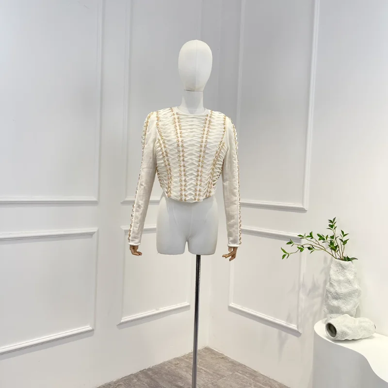 

2023 Solid White Top Quality Long Sleeves Metal Buttons Cross Straps Cropped Bodice Back Zipper Top Women