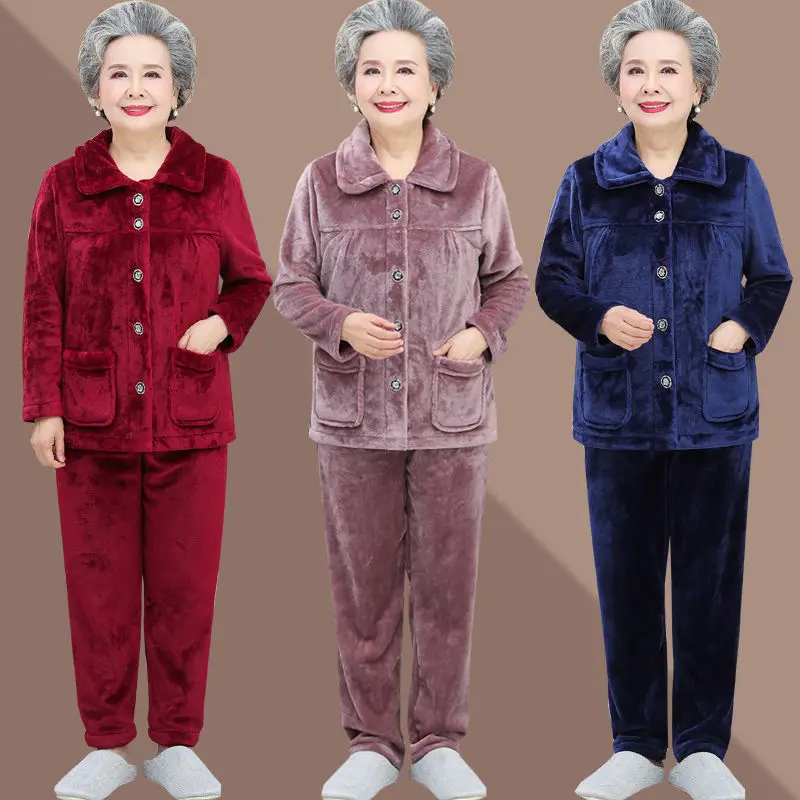 Elder Lady Women's Pajamas Flannel Loose Autumn Winter Coral Fleece  Middle-Aged Mother Grandma Fleece-Lined Homewear Suit