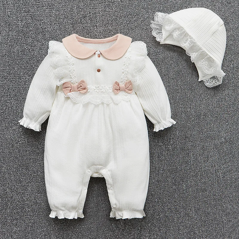 Ruffles Lace Newborn Baby Girl Clothes Long Sleeve Princess Jumpsuit Spring Infant Girls Rompers + Hats