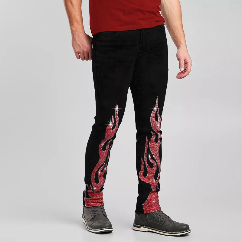 Men's Stretchy Black Jeans Skinny Hot Drill Punk Streetwear Biker Pants Rhinestone Hole Slim Fit Denim Pencil Trousers For Man