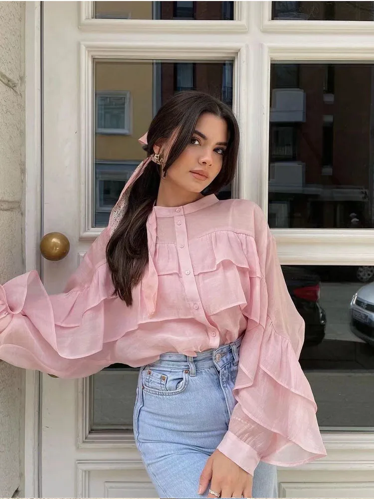 

PB&ZA1971065 Women 2022 New Sweet Fashion Ruffled Cropped Blouses Vintage Long Sleeve Button-up Female Shirts Chic Tops 1971/065