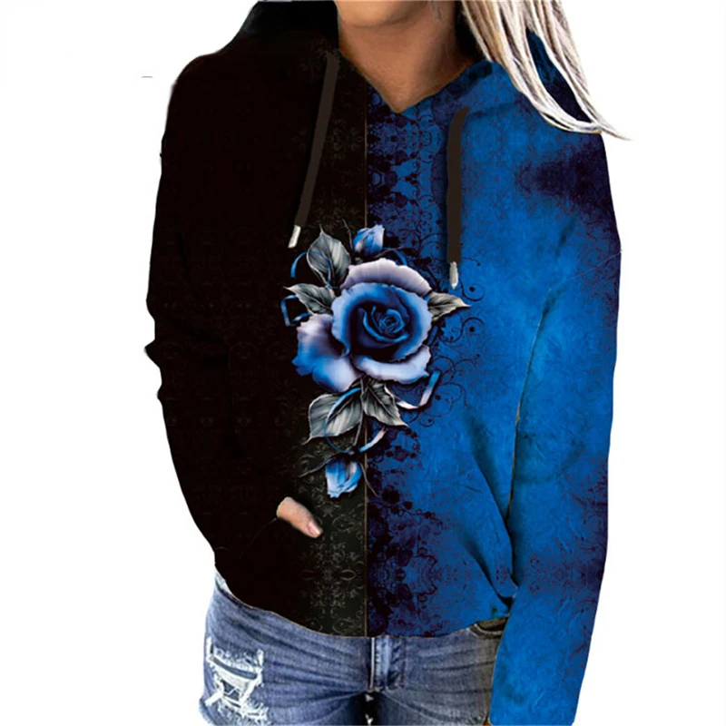 

2022 Autumn Winter Women's Rose Print Hoodies Harajuku Hooded Sweatshirts Pocket Long Sleeve Loose Casual Pullovers Streetwear