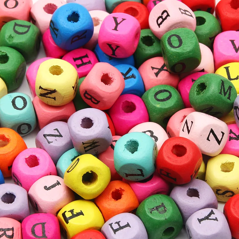

10mm 50/100pcs Colored Square Black Letter A-Z Natural Wooden Beads For Jewelry Making Diy Key Chains Bracelet Necklace Supplies