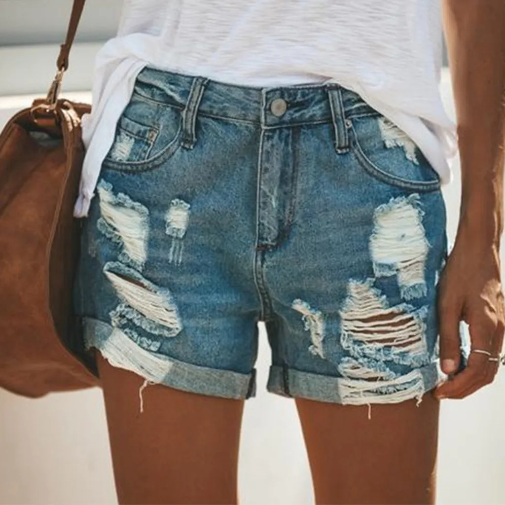 

Summer Vintage Faded and Distressed Ripped Jean Shorts with Pockets 2023 Large Size Woman Casual Hole Hot Short Denim