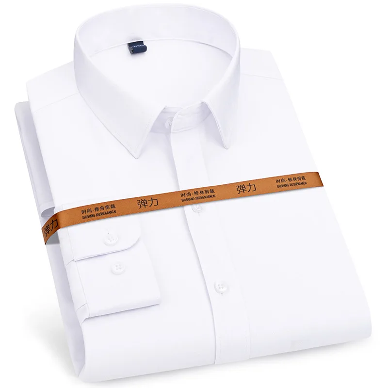 

Рубашка мужская стрейчевая с длинным рукавом, деловая блуза кроя slim fit в Корейском стиле, однотонная яркая белая Повседневная