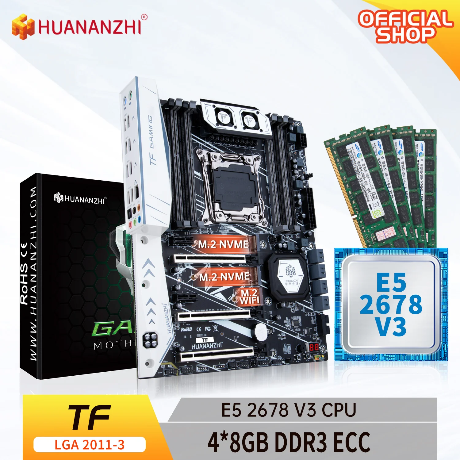 

HUANANZHI X99 TF LGA 2011-3 XEON X99 Motherboard with Intel E5 2678 V3 with 4*8G DDR3 RECC memory combo kit set M.2 NVME SATA