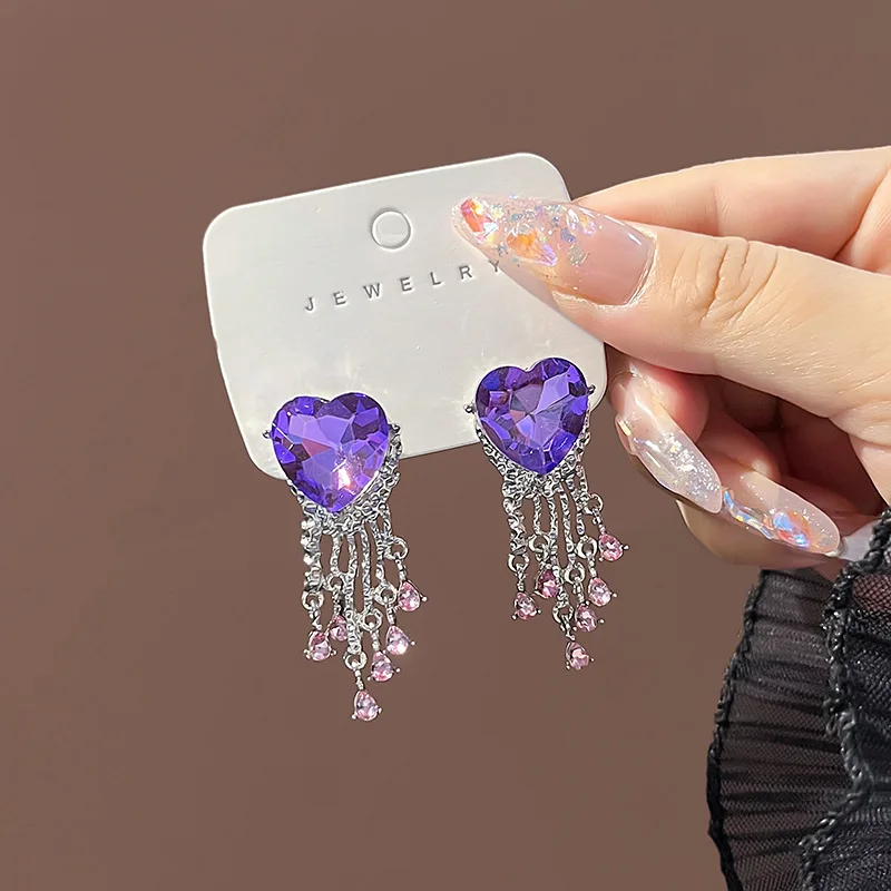 

Minar Luxury Shiny Purple Color Rhinestone Tassel Earring for Women Female Love Heart Long Drop Earrings Office Career Jewelry
