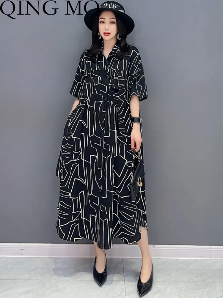 

QING MO 2023 Spring Summer New Fashion POLO Neckline Shirt Dress Women Temperament Half Sleeve Black Dress ZXF2131