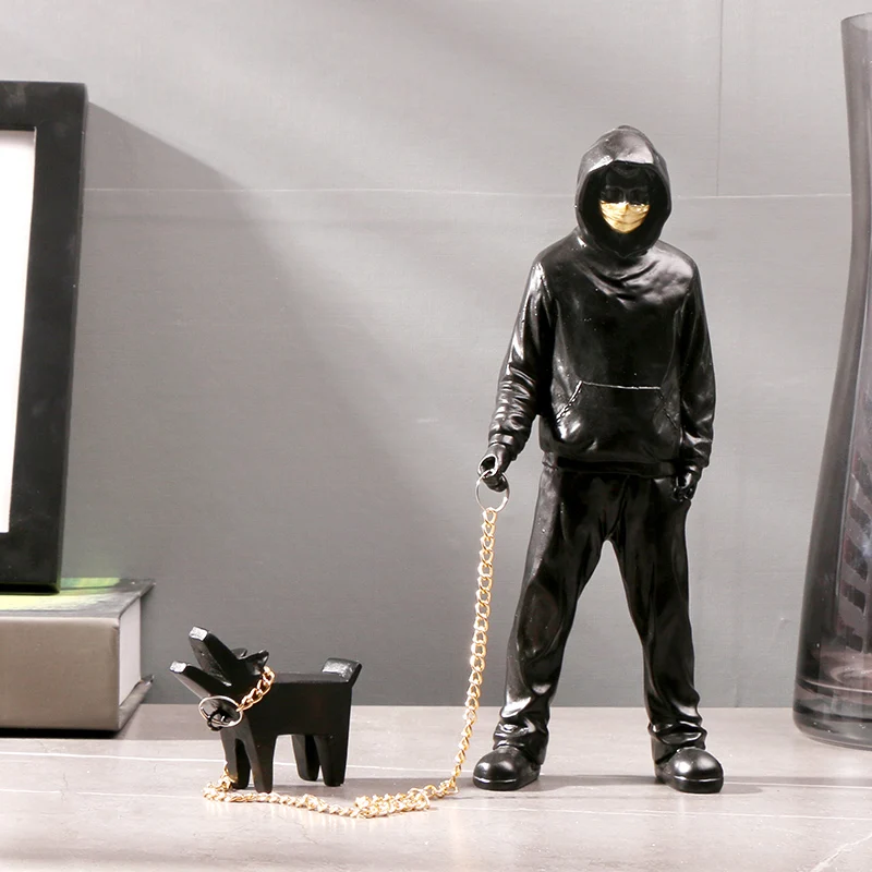 

New Art Barking Dog Walker Graffiti Resin Statue Sculpture Banksy Collectible Decorative Figurines Home Office Desk Decorations