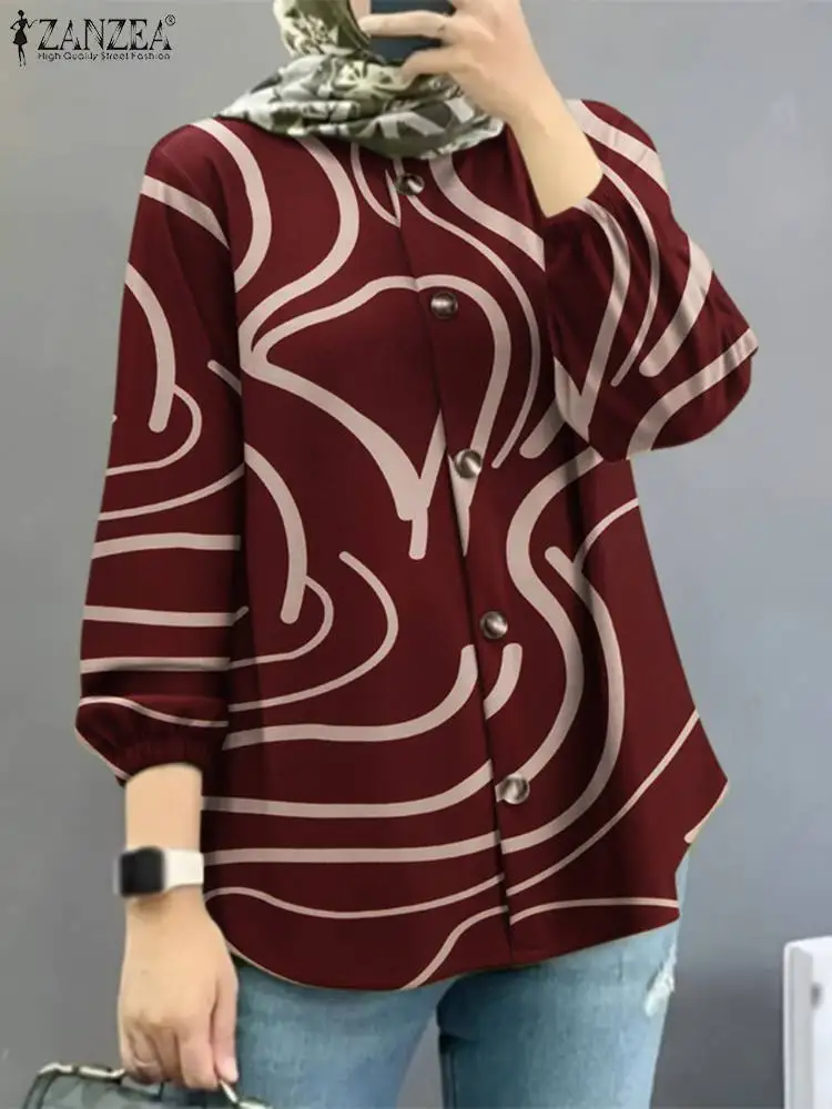 Модная женская рубашка ZANZEA осенняя винтажная блузка с принтом и длинным рукавом