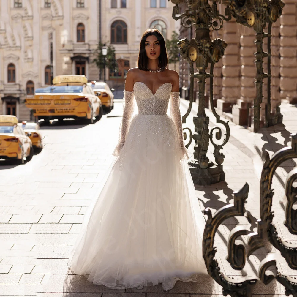 Блестящие белые свадебные платья с открытыми плечами и рукавами для невесты, свадебные платья в романтическом стиле со шнуровкой сзади, новинка 2023