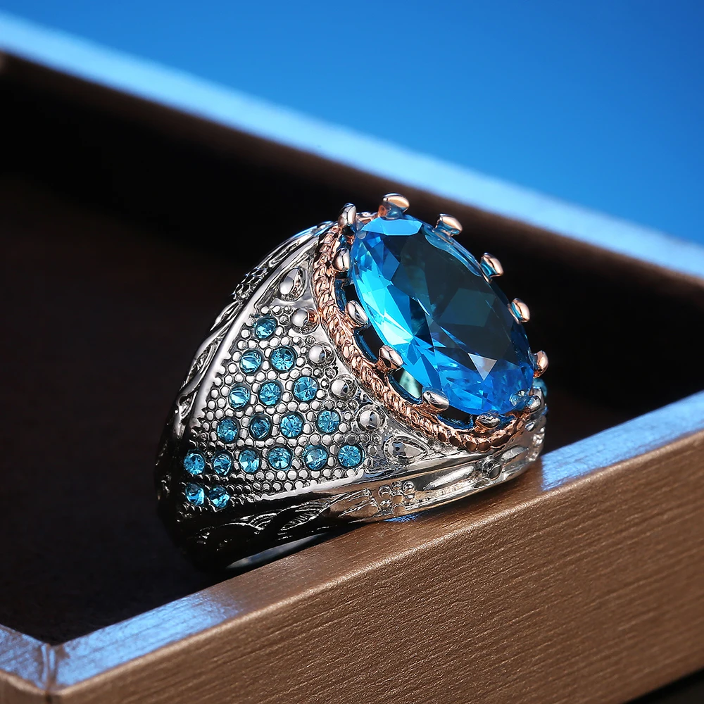 

Fashion Gorgeous Big Oval Blue Cubic Zirconia Rings for Women Vintage Wedding Party Accessories Gift Luxury Jewelry anillos