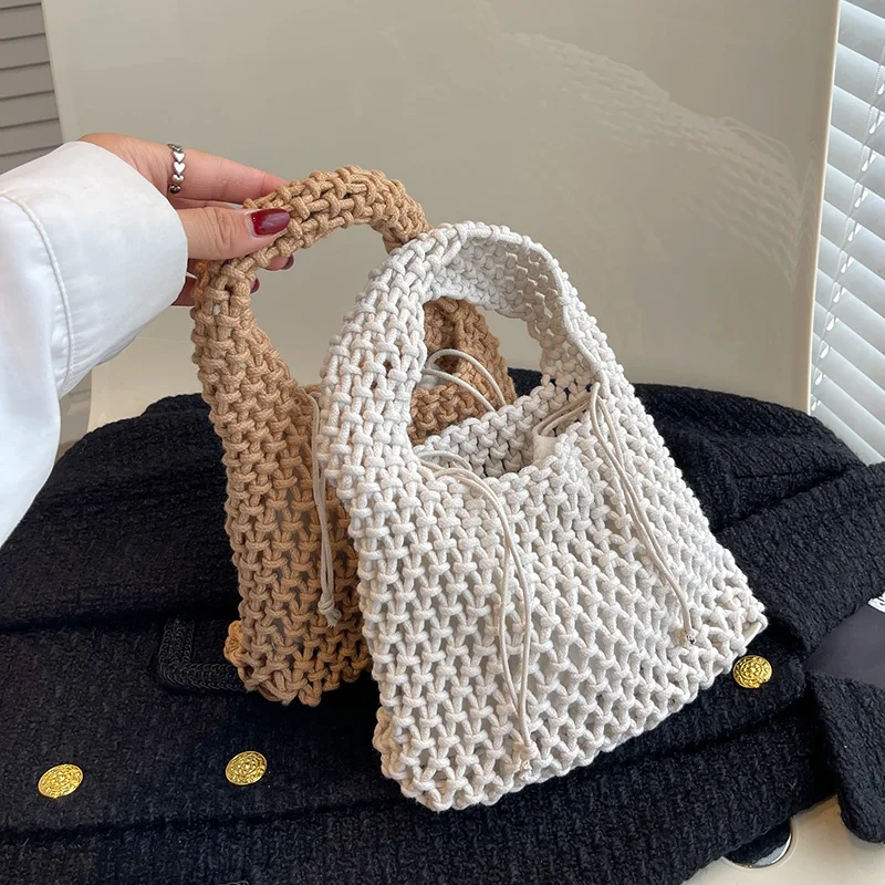 

Small Hollow Out Weave Shoulder Bags for Women 2023 Casual Style Brand Designer Lady Drawstring Tote Handbags and Purses