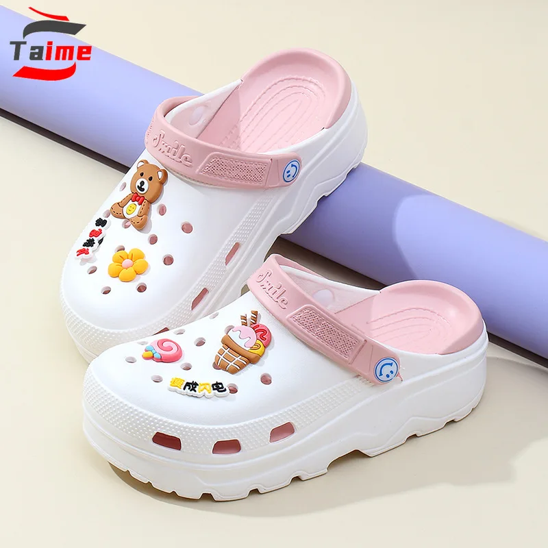 

TAIME Women Garden Shoes Summer Slippers Woman Beach Sandals 6cm Platform Clogs Thick Sole Antiskid Sweet Flip Flops for Female