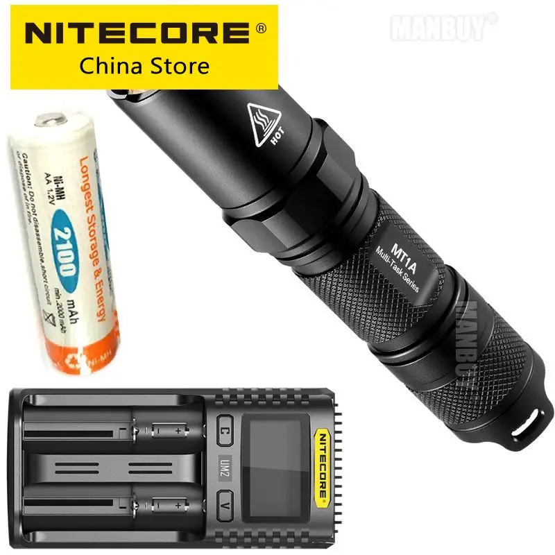 2022 Nitecore MT1A + UM2 Charger+2100mAh Rechargeable Battery CREE LED 180 LMs 3 Mode Mini Torch Flashlight Outdoor Tools Hiking