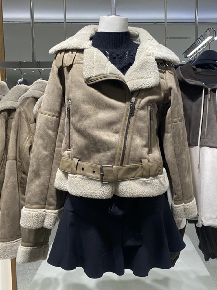

LY VAREY LIN New Winter Faux Lamb Suede Leather Short Jacket Women Thick Moto Biker Coat with Belt Lady Warm Brown Outwear