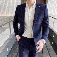 boutique 5xl blazer trousers mens fashion business casual british style gentleman elegant plaid dress formal 2 piece set