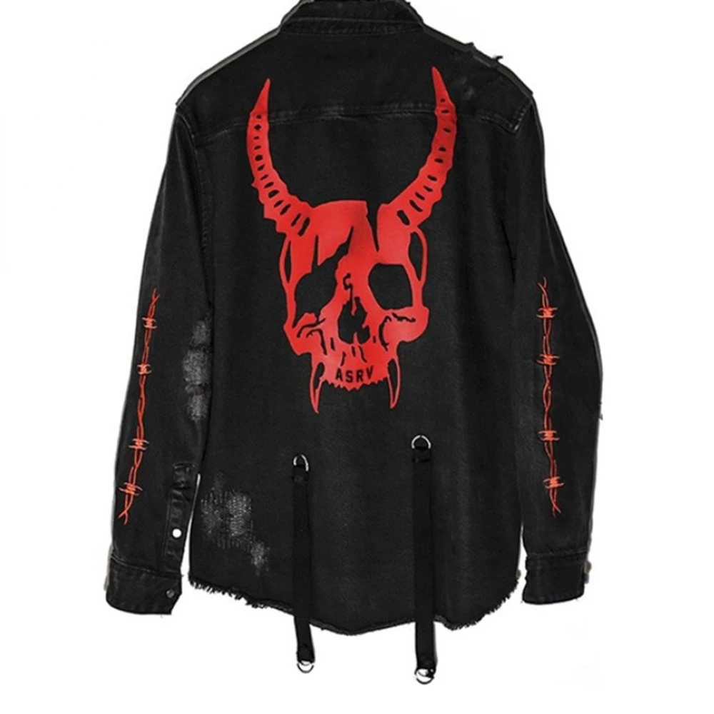

Harajuku Gothic Demon Hunter Skull Black Denim Jacket Men Rock Punk Heavy Metal Sweatshirt Sudadera Suspenders Hole Streetwear