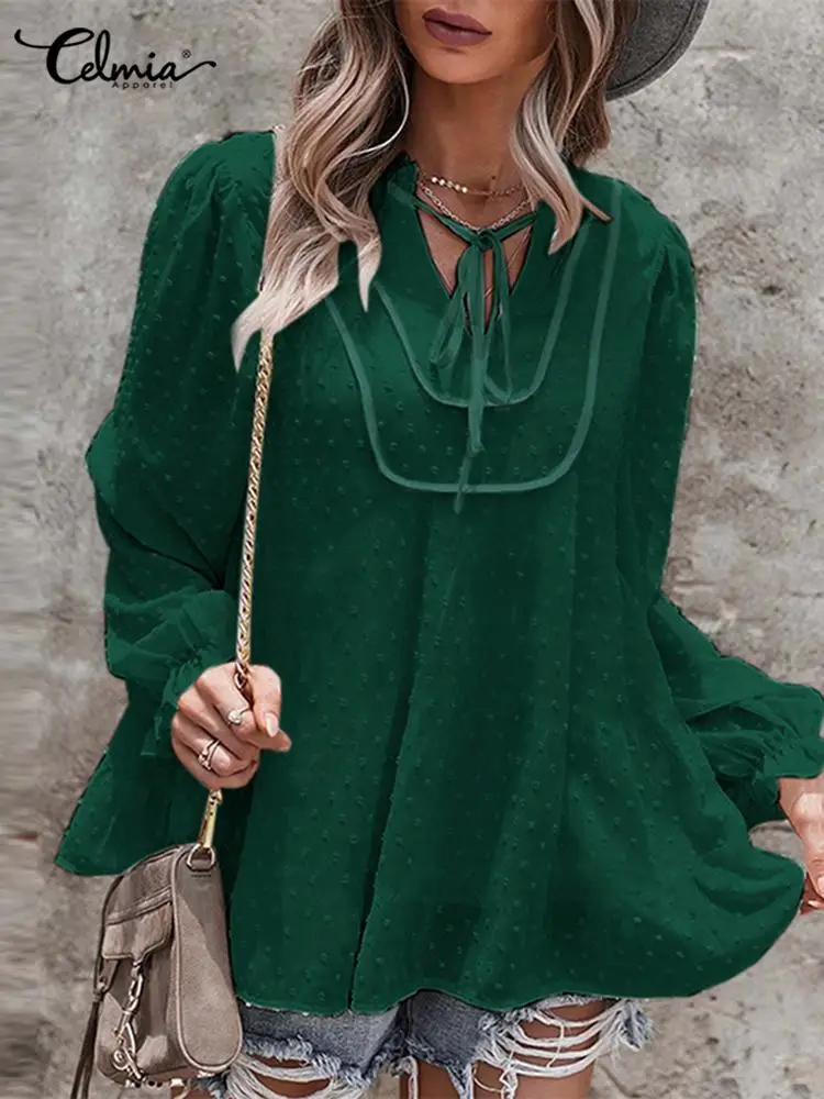 

Celmia Elegant Women Lace Stitching Tunic 2022 Spring V-neck Long Sleeve Tops Casual Ruffle Solid Blouses Leisure Bandage Shirt