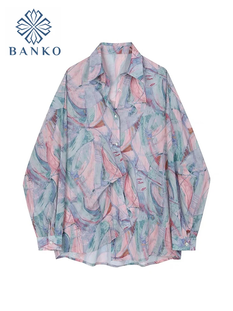 Women's Shirt 2022 Spring Korean Chic Printed Loose Blouses Vintage Long Sleeve Female Shirts Streetwear Beach Holiday Top Mujer