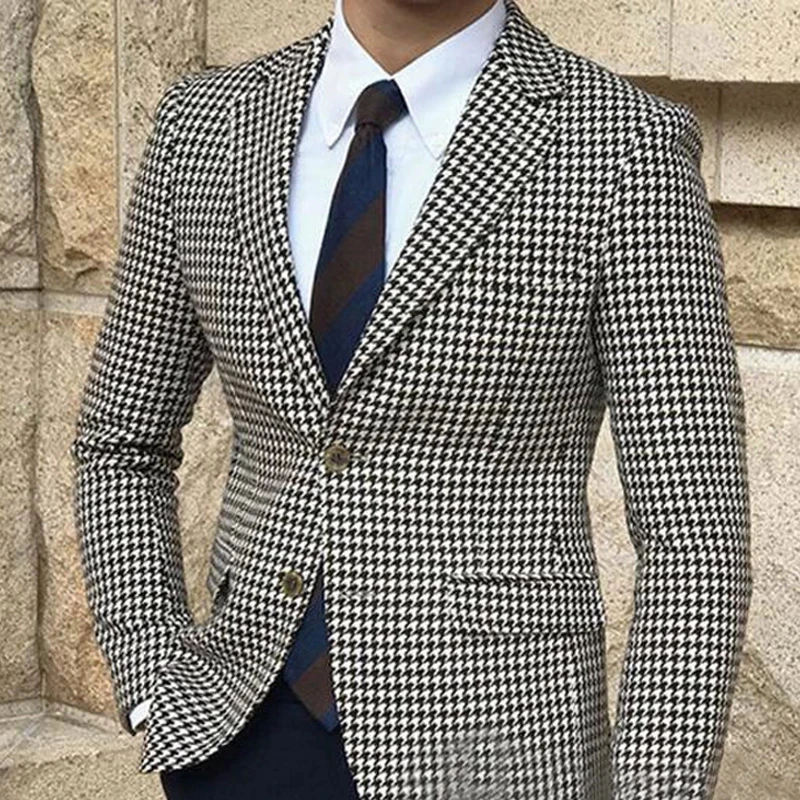 

Houndstooth Plaid Casual Men One Piece Suit Jacket Slit Slim Fit Single Coat Male Fashion Wedding Formal Groom Tuxedo
