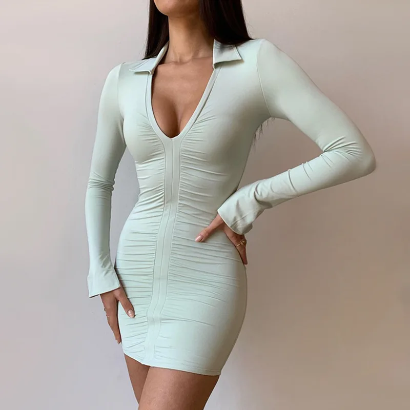 

Fashion Women Sexy Slim Dress Long Sleeve V Neck Pleated Solid Color Ruffle Short Midi Dress for Ladies