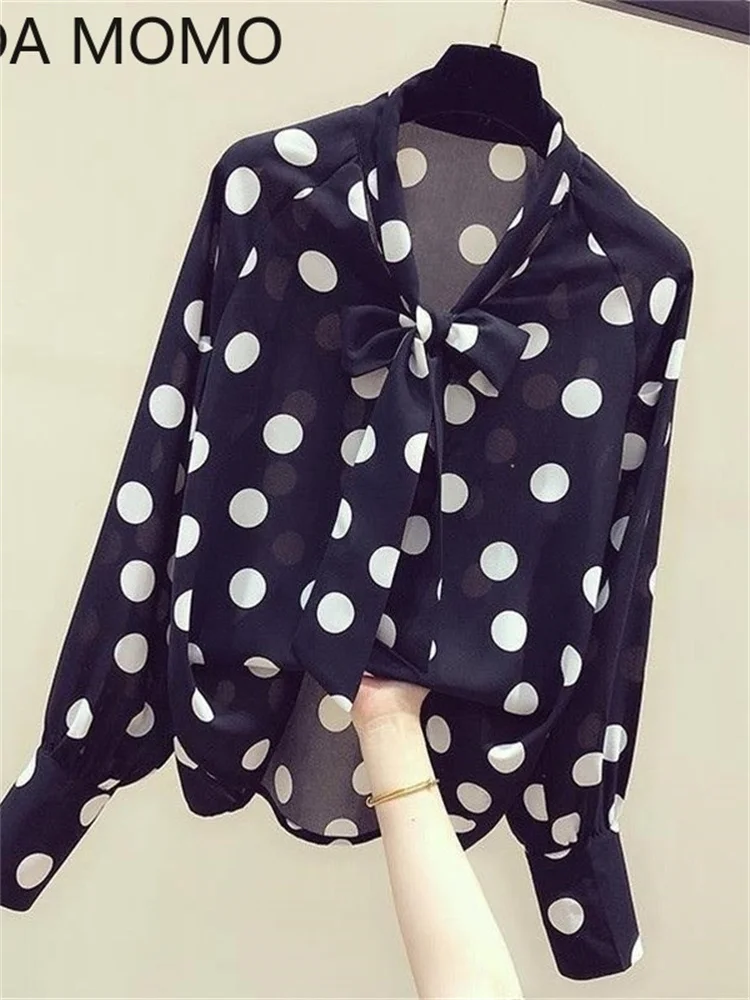 Женская блузка в горошек элегантная винтажная из искусственного шелка с