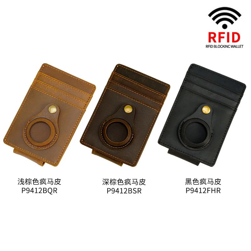 Genuine Leather Air Tag Wallet Case Holder Slim Minimalist RFID Blocking Card Holder Front Pocket Wallet for AirTag