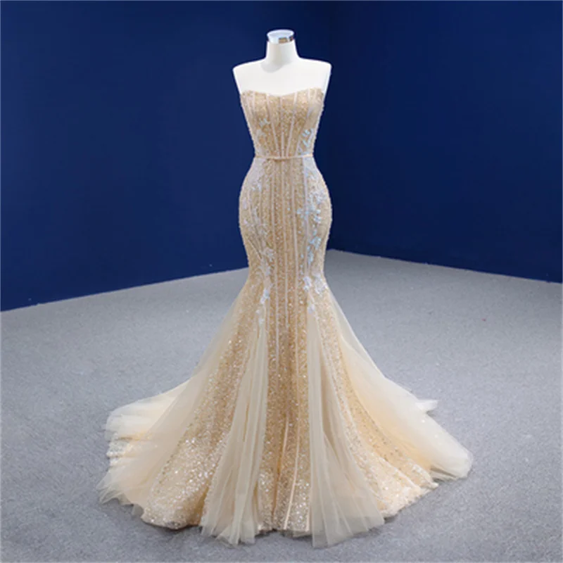 

Champagne Prom Dresses Mermaid Sweetheart Tulle Sequins Pearls Long Dubai Saudi Arabia African Prom Gown Evening Robe De Soiree
