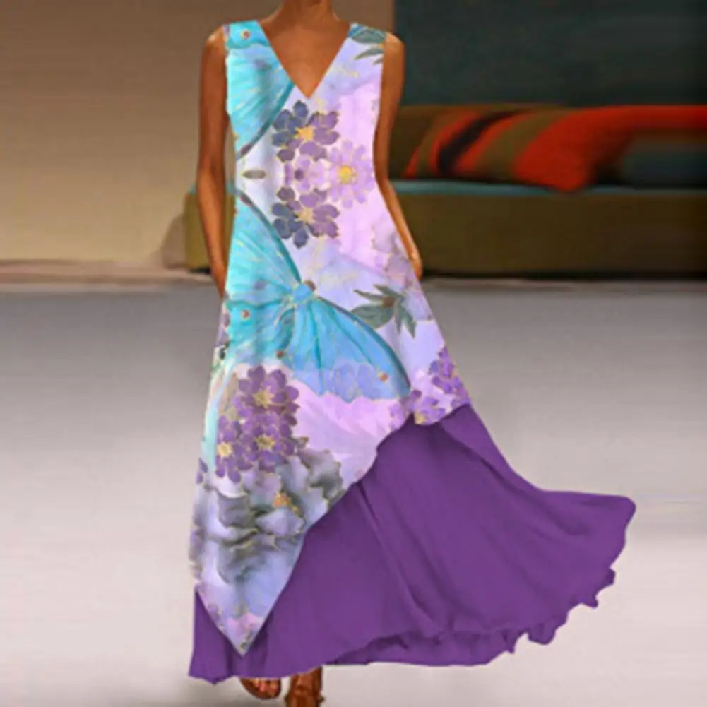 

Elegant Floral Print Women Two Peice Sets Fashionable Fake Two Pieces Sleeveless Loose Fitting V-Neck Women Dress Robe Outfits