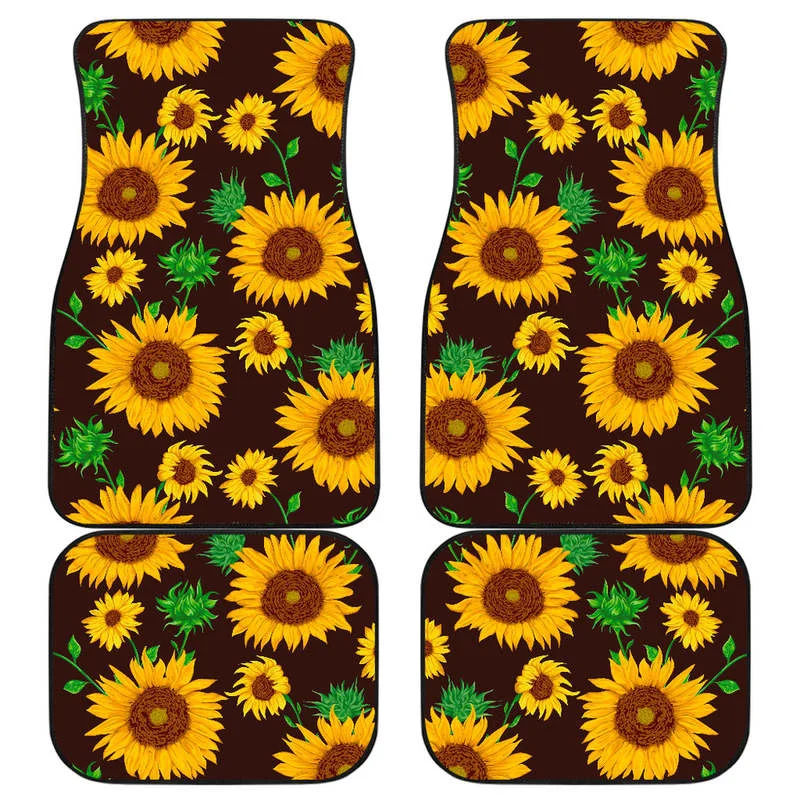 Brown Sunflower Pattern Print Front and Back Car Floor Mats    Heavy Carpet Front and Rear Full Set 4PCs Pack