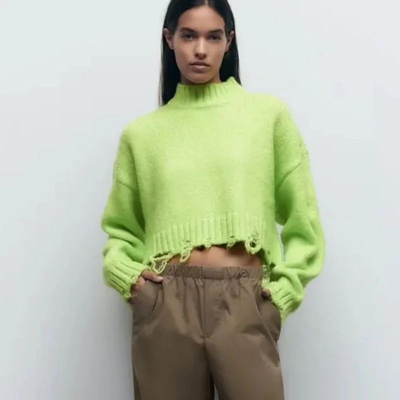 

Hole Decoration Autumn Knitwear Street Sweater New Round Neck Loose Top Women