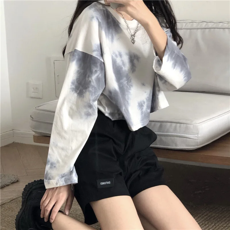 

Ladies Tie Dye Short Long Sleeve T-Shirt Autumn New Bottoming Top Female Round Neck Loose Tshirts for Women